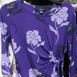 BOGO Alfani Printed Crewneck 3/4 Sleeve Side Knot Top Petite PP Purple Cream NWT